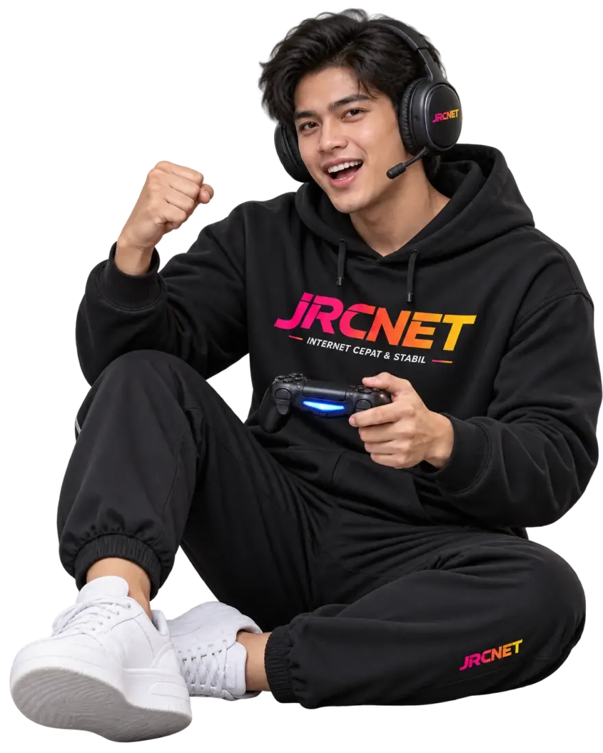 Gamer memakai hoodie dan headset JRCNET sedang main game